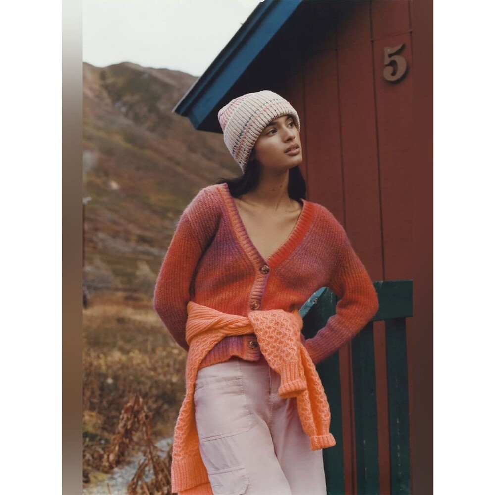 Maeve Hallie Space-Dyed Wool/Alpaca Blend Cardigan in Orange/Pink size Medium